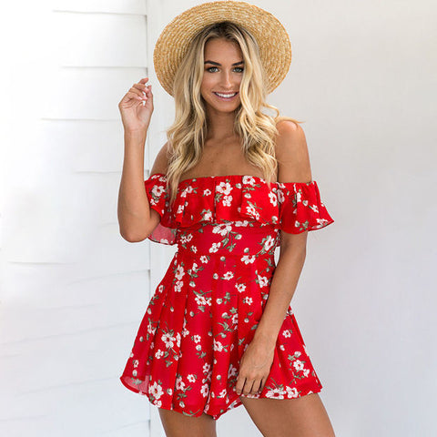 Red Floral Print Off The Shoulder Chiffon Romper – is osps