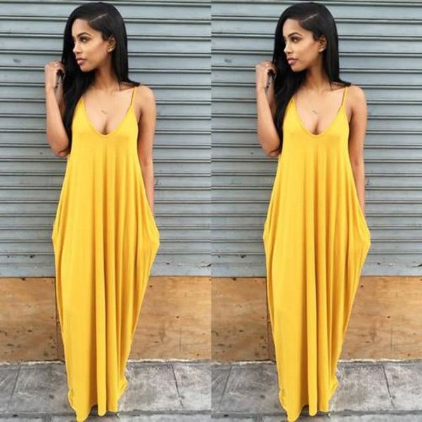 Asymmetrical Deep V Strappy Maxi Dress With Pocket – is osps