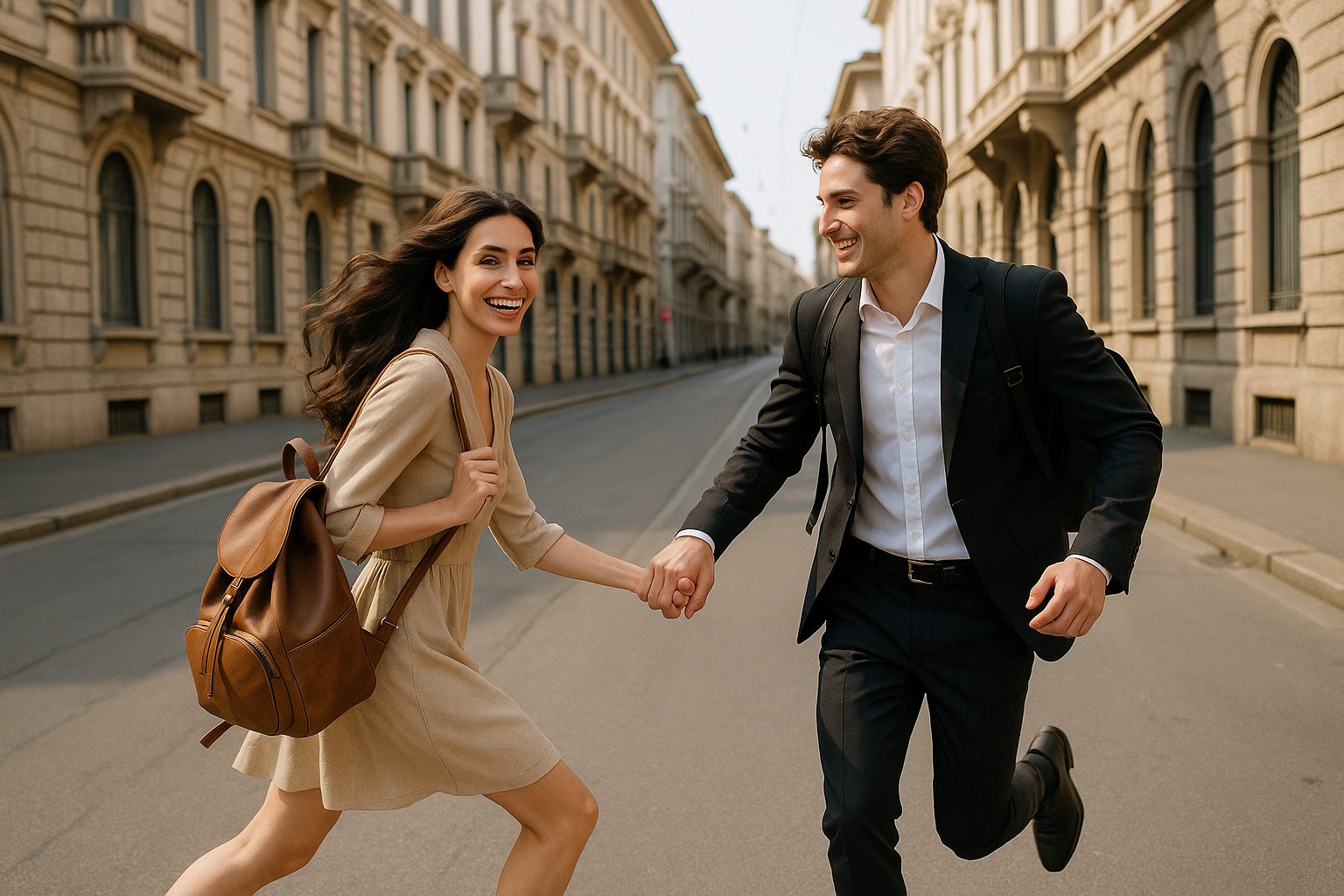 Beautiful elegant Italian woman and handsome young Italian man running down the street in Milan, she with a brown leather backpack on her shoulder, he with a black leather backpack on his back, both smiling in natural light