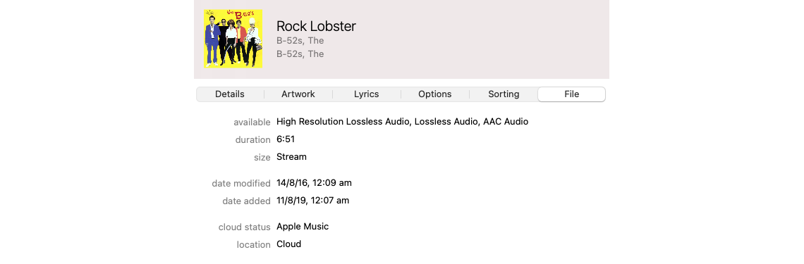 File formats of Rock Lobster on Apple Music