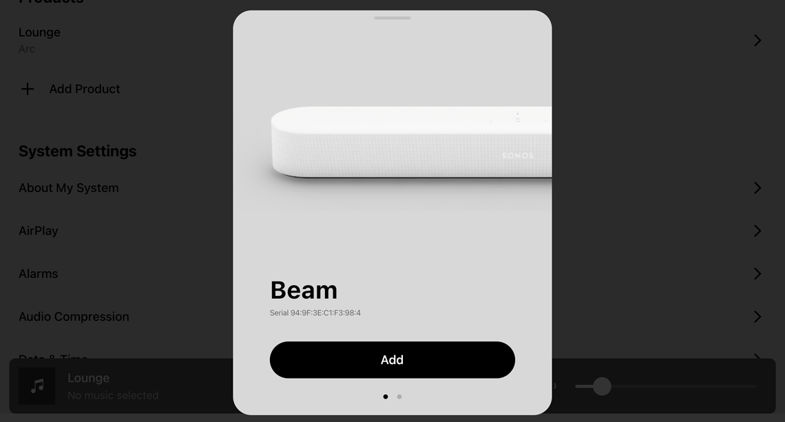 Sonos Beam app in setup mode