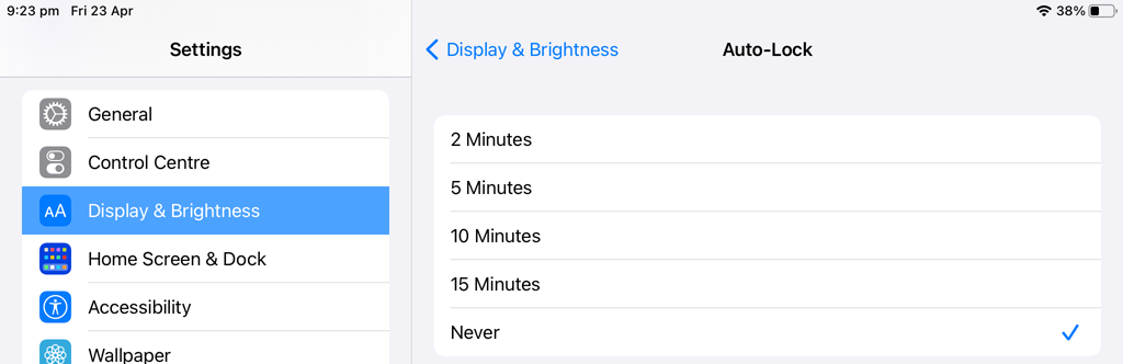 iPad screen timeout settings