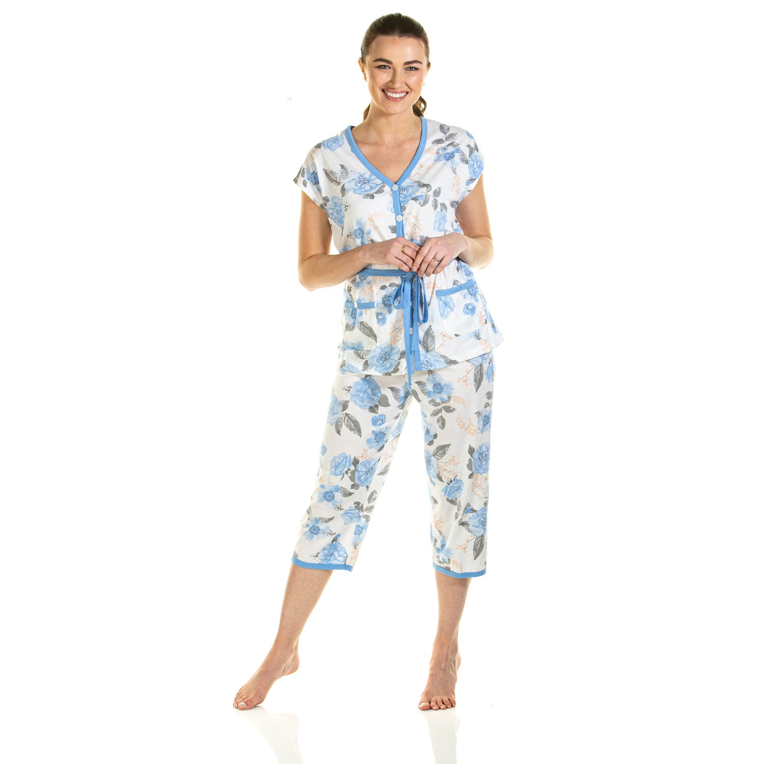 Lady Olga Rose Print Cropped Leg Pyjamas