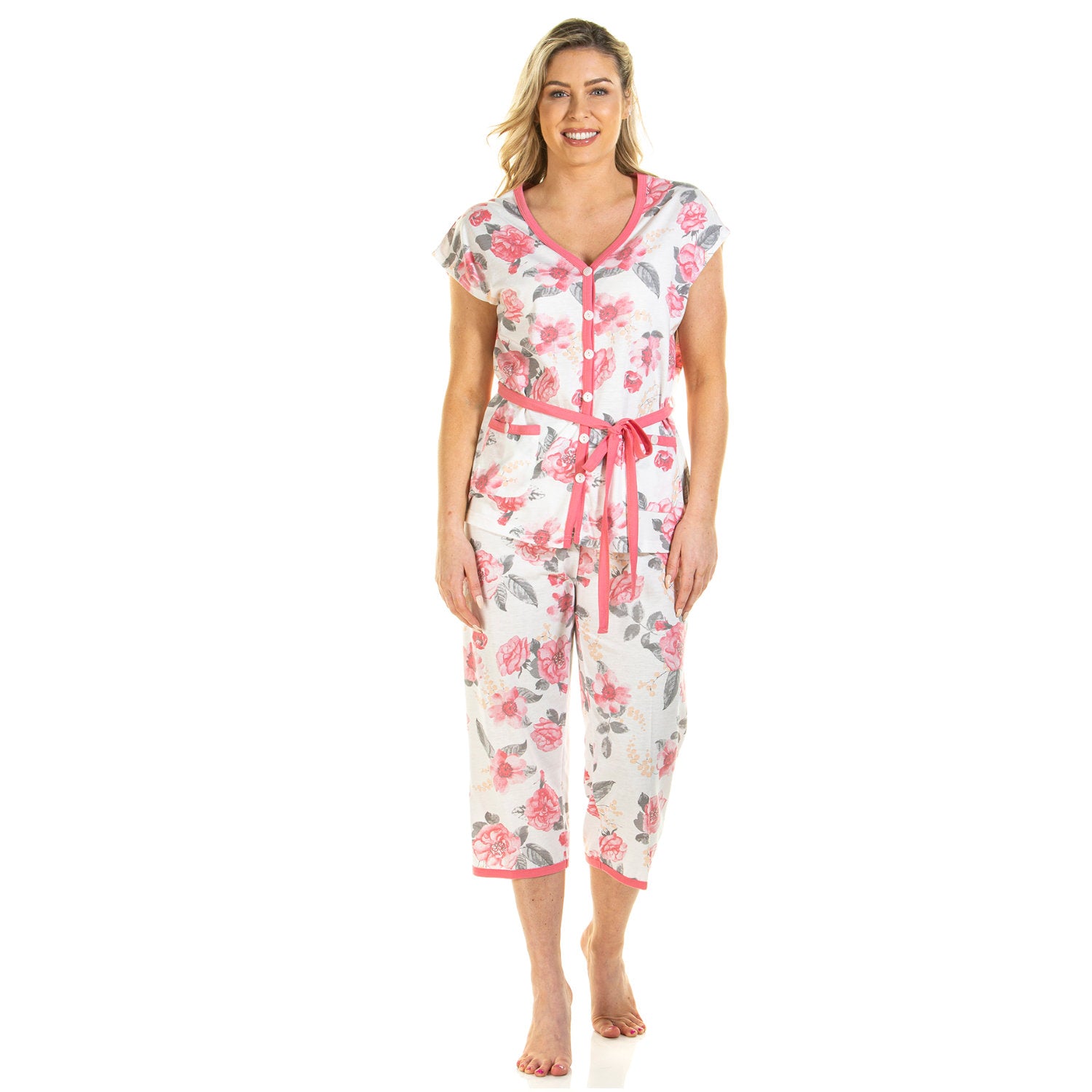 Lady Olga Rose Print Cropped Leg Pyjamas