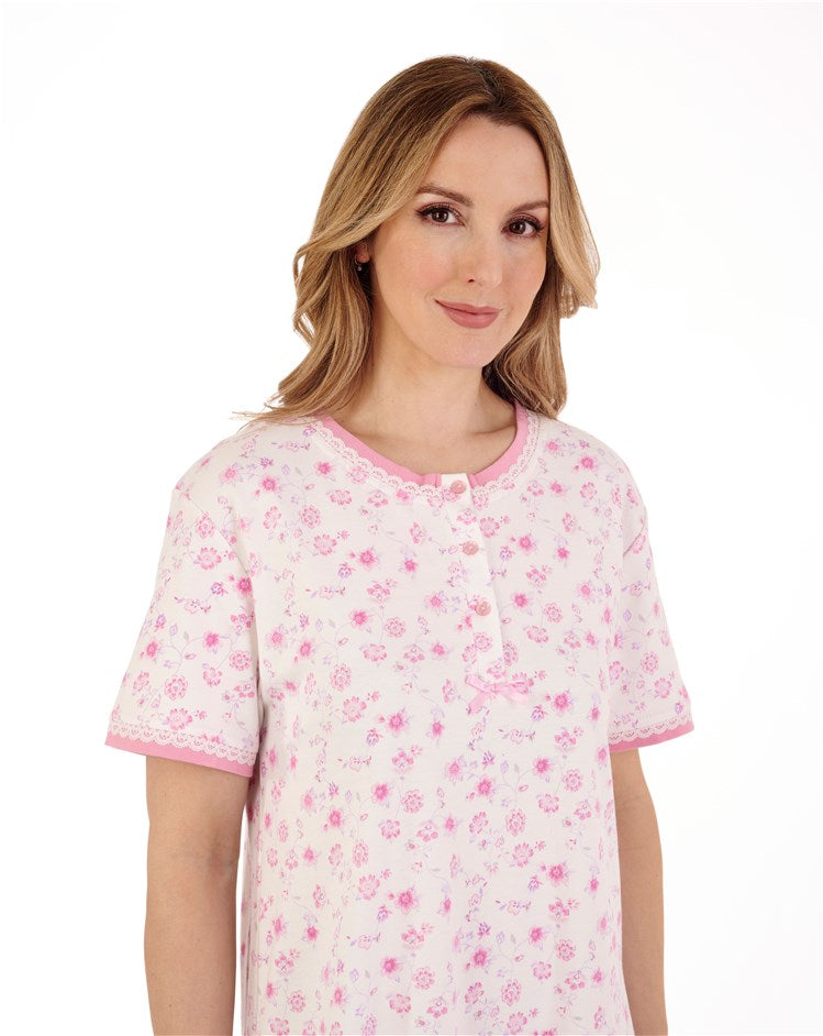 Slenderella Short Sleeve 100% Bonded Cotton Jersey Floral Nightdress