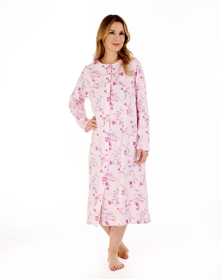 Slenderella 100% Cotton Full Button Picot Trim Floral Jersey Nightdress