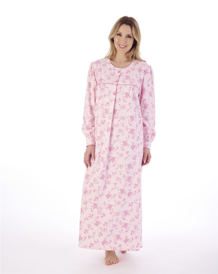 Slenderella Long Length Long Sleeve Nightdress with Round Neck in Winceyette Brushed Cotton