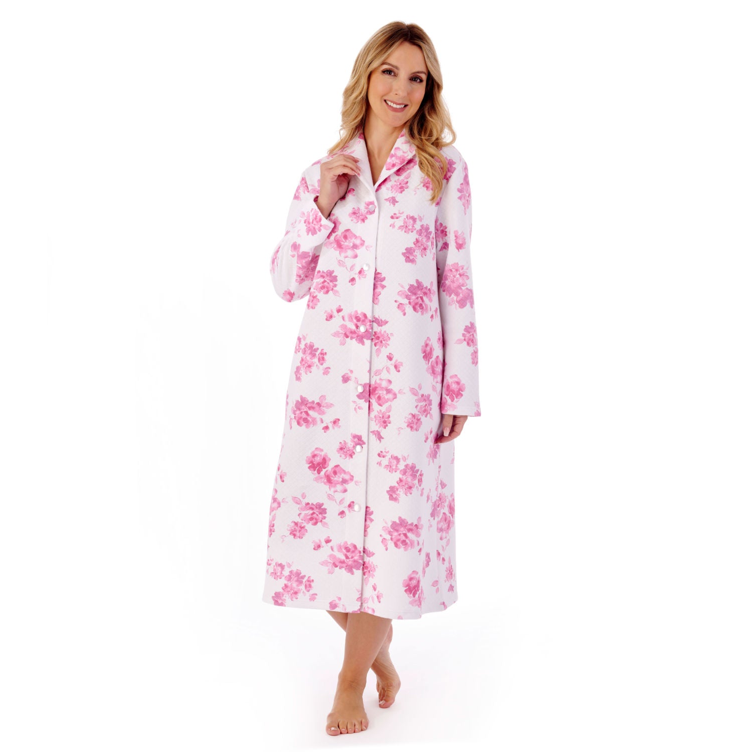 Slenderella Cotton Rich Mock Quilt Button Front Dressing Gown