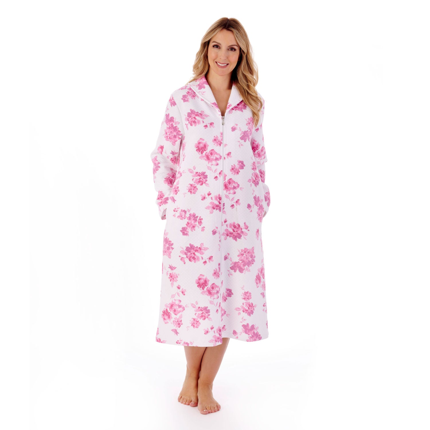 Slenderella Cotton Rich Zip Front Mock Quilt Dressing Gown