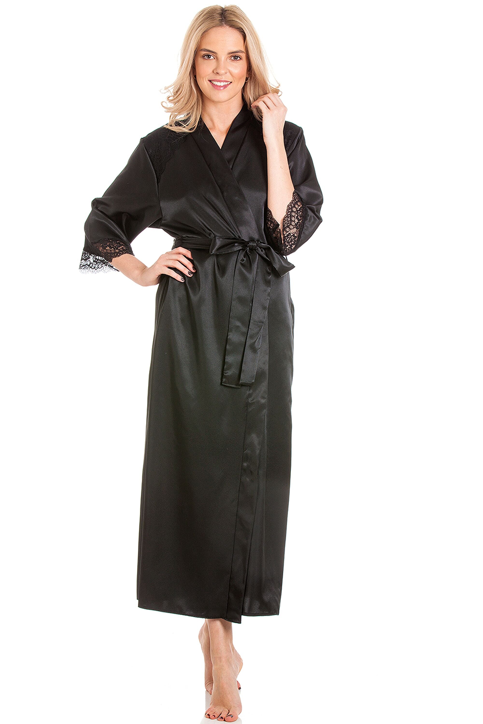 British Made Long Satin Wrap Dressing Gown With Lace Trim