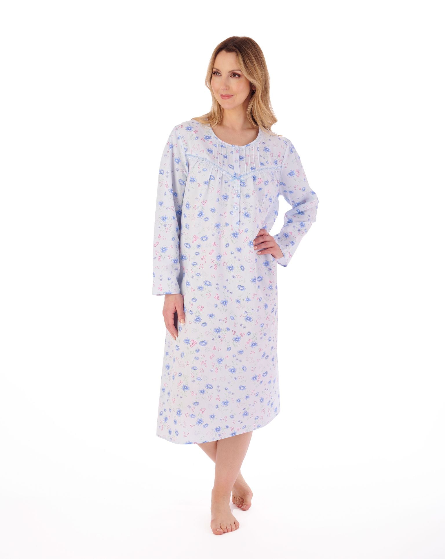 Slenderella Long Sleeve Nightdress in Cotton Lawn  with Round Neck