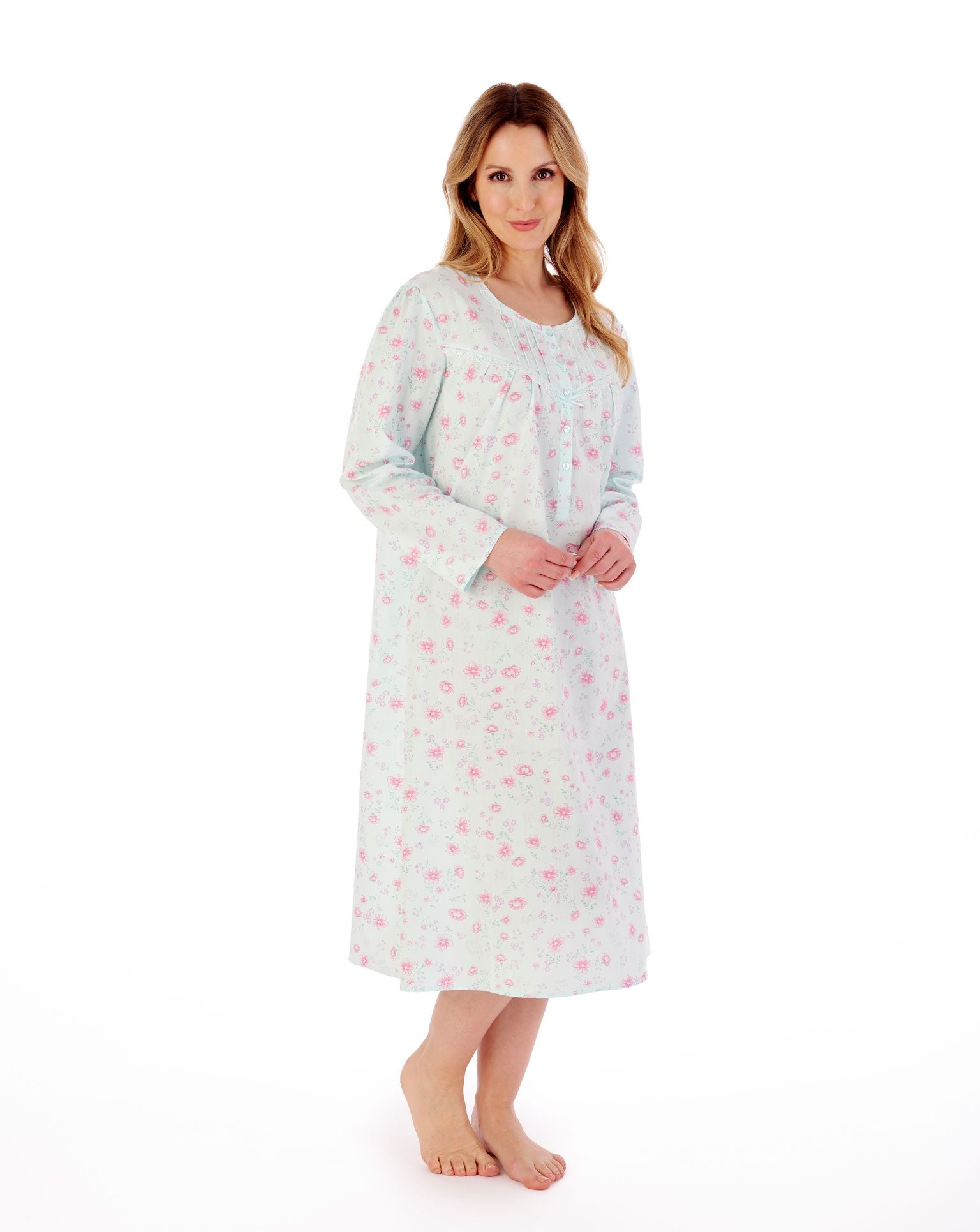 Slenderella Long Sleeve Nightdress in Cotton Lawn  with Round Neck