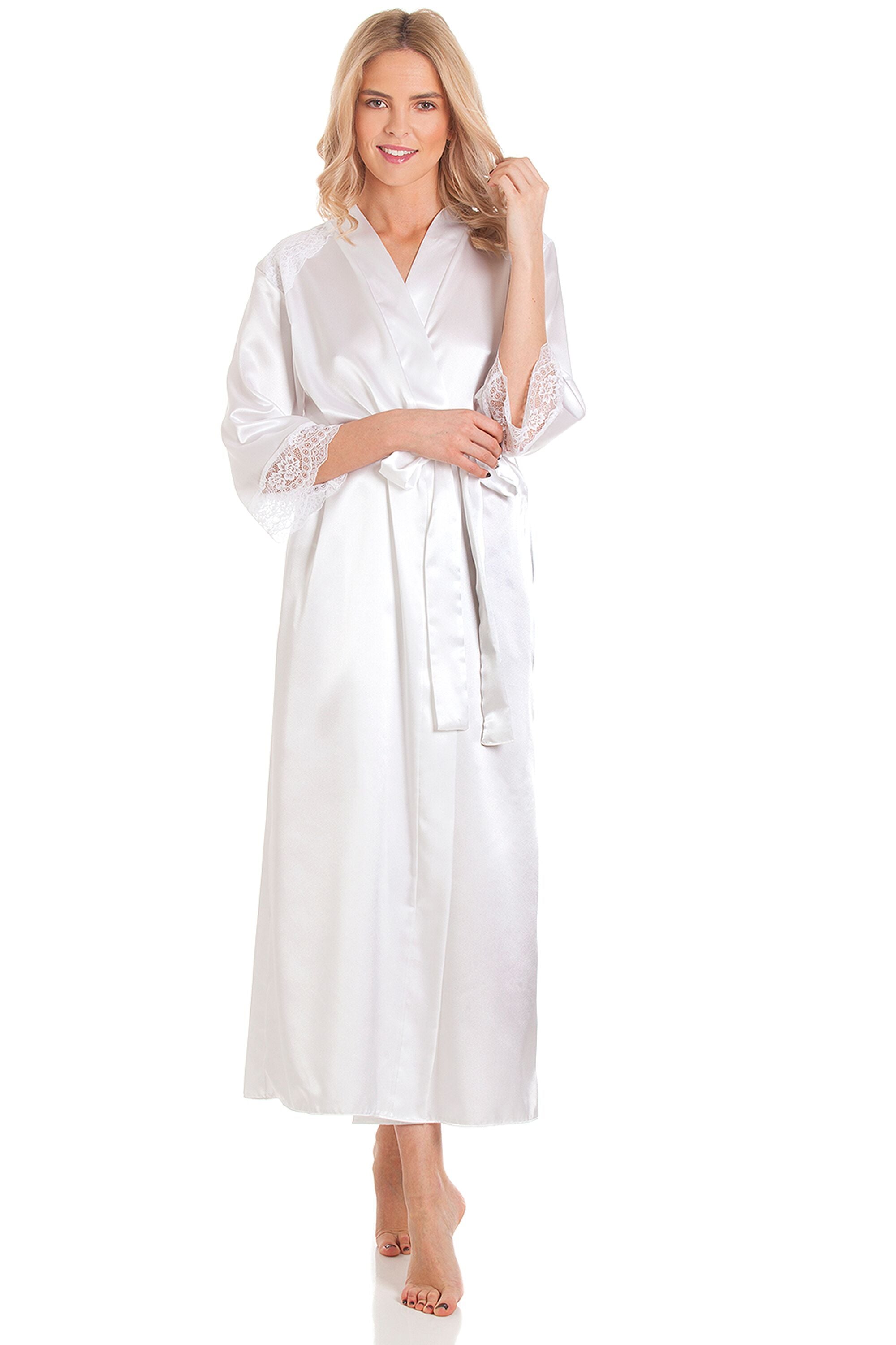 British Made Long Satin Wrap Dressing Gown With Lace Trim