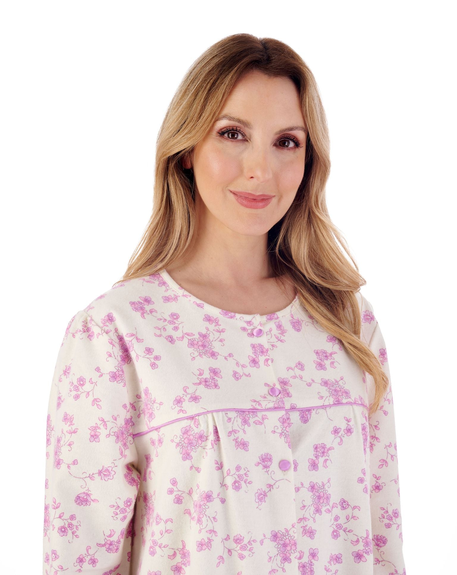 Slenderella Long Length Long Sleeve Nightdress with Round Neck in Winceyette Brushed Cotton