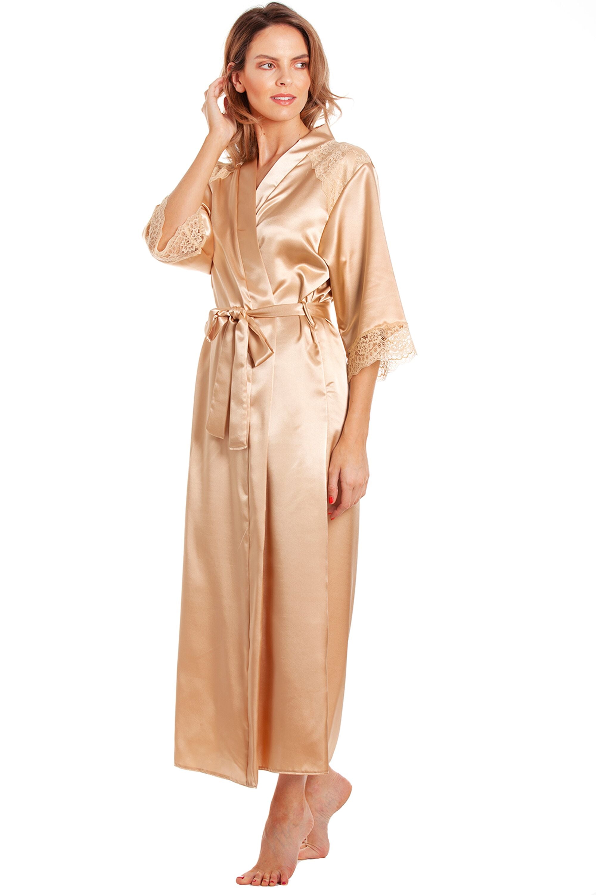 British Made Long Satin Wrap Dressing Gown With Lace Trim