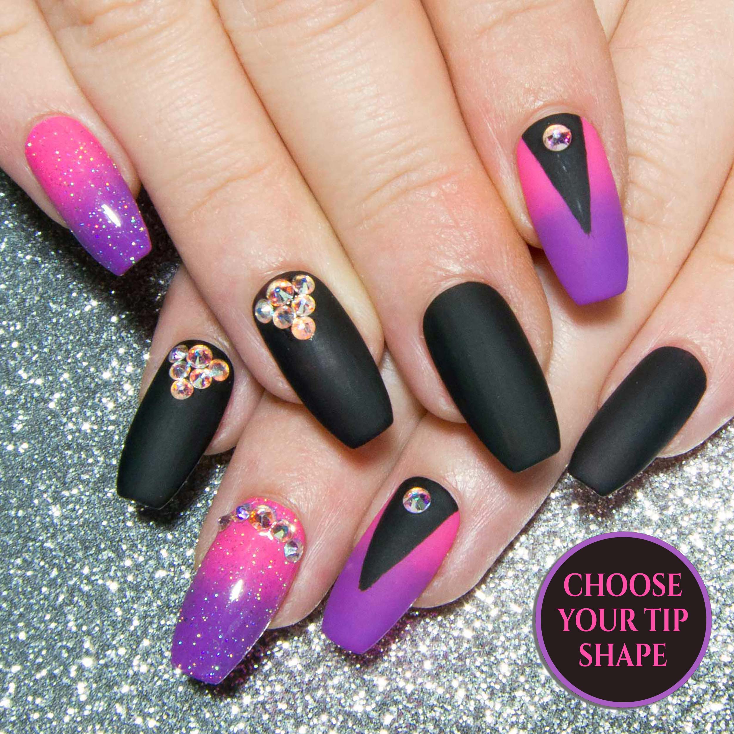 Louder Than You Neon Pink Purple And Black Press On Nails With Swarovski Ab Crystals