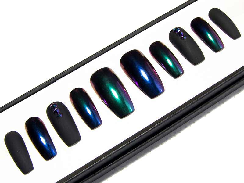 Chromed Out Coffin Black Blue Green Chameleon Chrome Ombre Nails