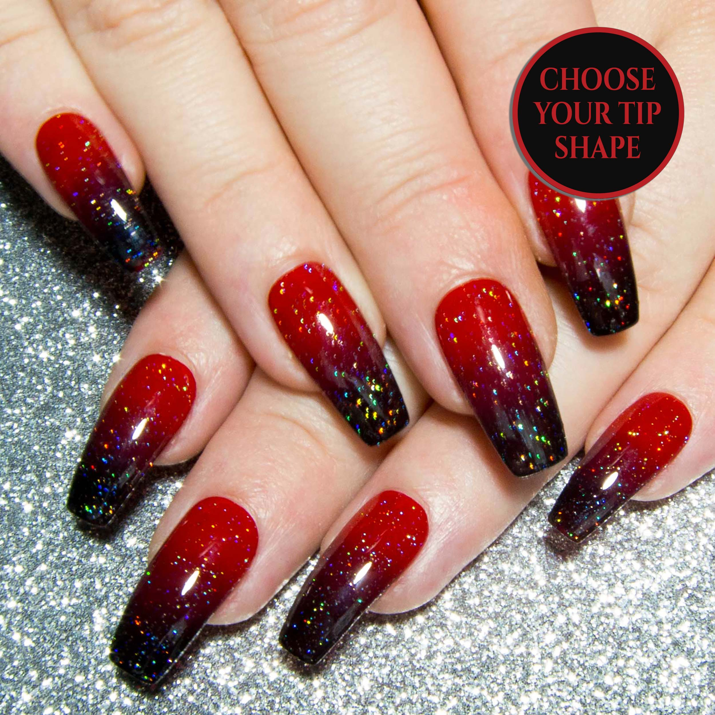 Rockabilly Vibes Red Black Sparkly Ombre Nails All Tip Shapes
