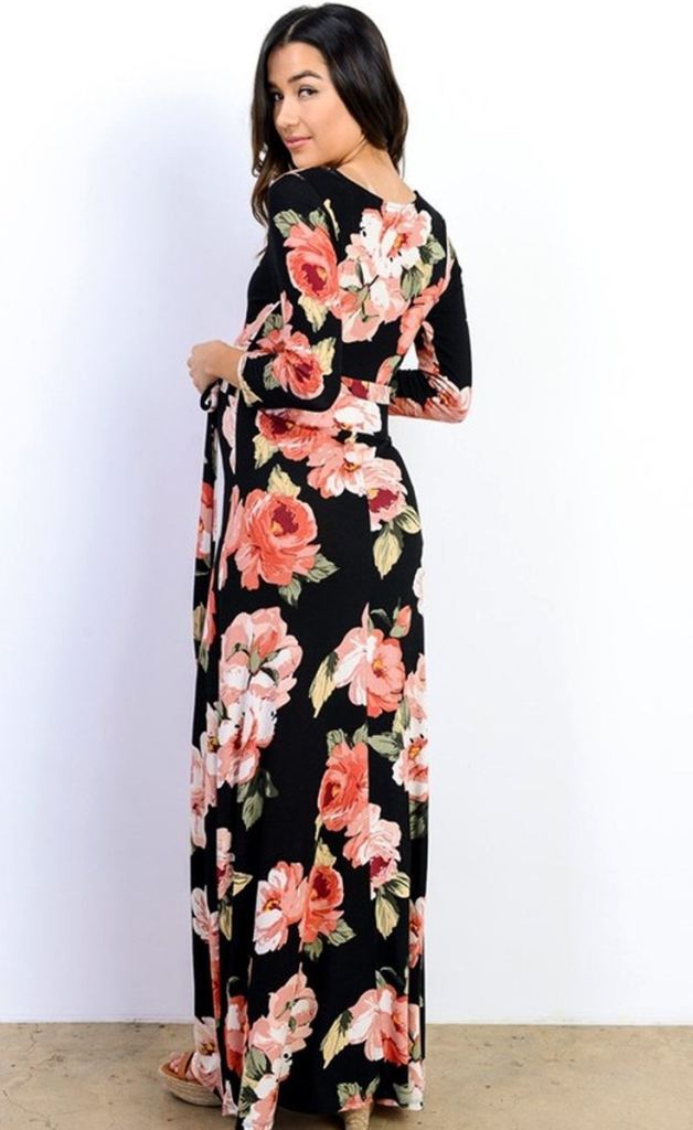 Vintage Rose Floral Wrap Maxi Dress - Black – ShopLuckyDuck