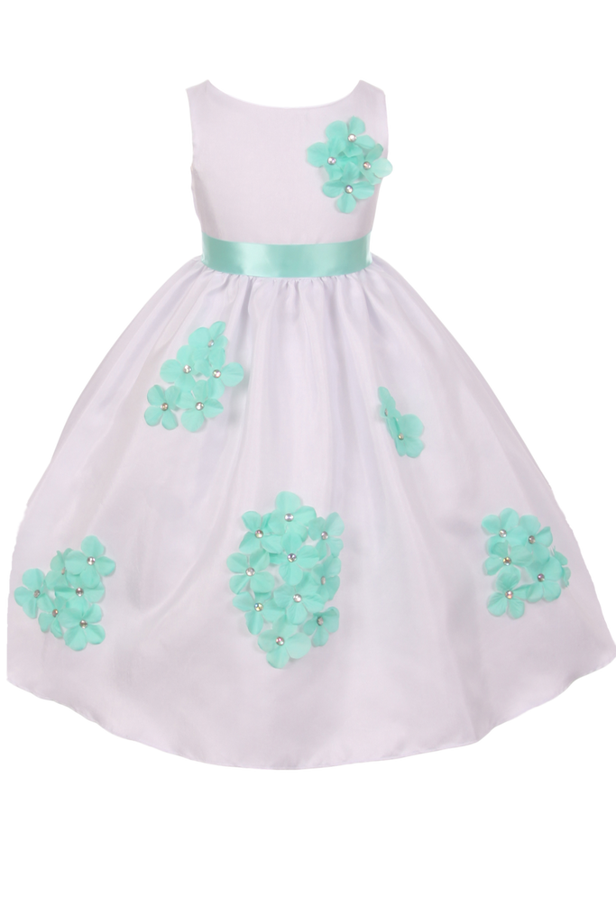 Mint Green Dimensional Flowers on White Shantung Baby Girls Dress ...