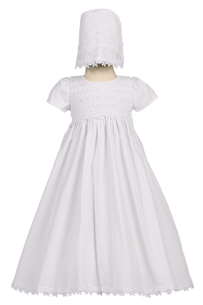 Cotton Christening Gown, Smocked w Venise Lace Trim Baby Girls – Rachel ...