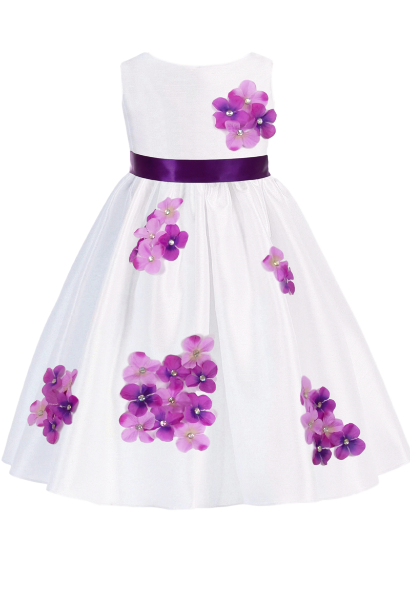 Purple Dimensional Flowers on White Shantung Baby Girls Dress – Rachel ...