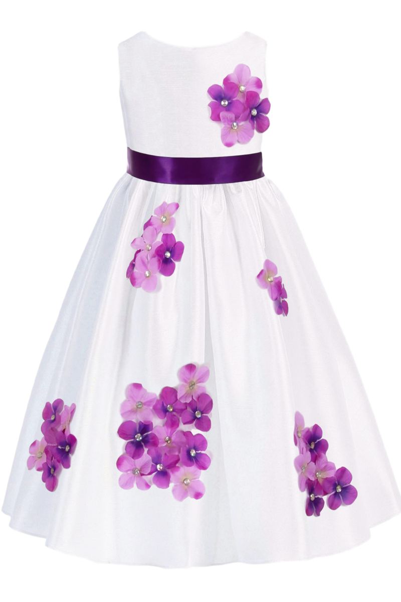 Purple Dimensional Flowers on White Shantung Girls Dress – Rachel's Promise