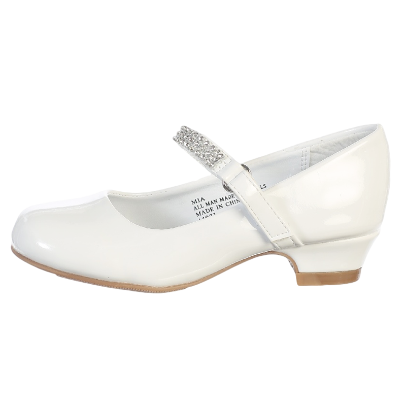 White Short Heel Dress Shoes w Rhinestone Strap Girls – Rachel's Promise
