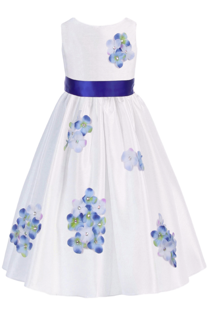 Blue Dimensional Flowers on White Shantung Girls Dress – Rachel's Promise