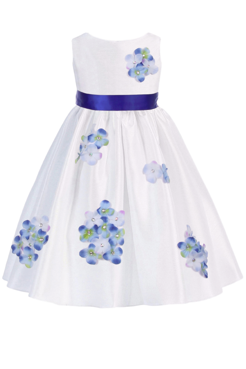 Blue Dimensional Flowers on White Shantung Baby Girls Dress – Rachel's ...