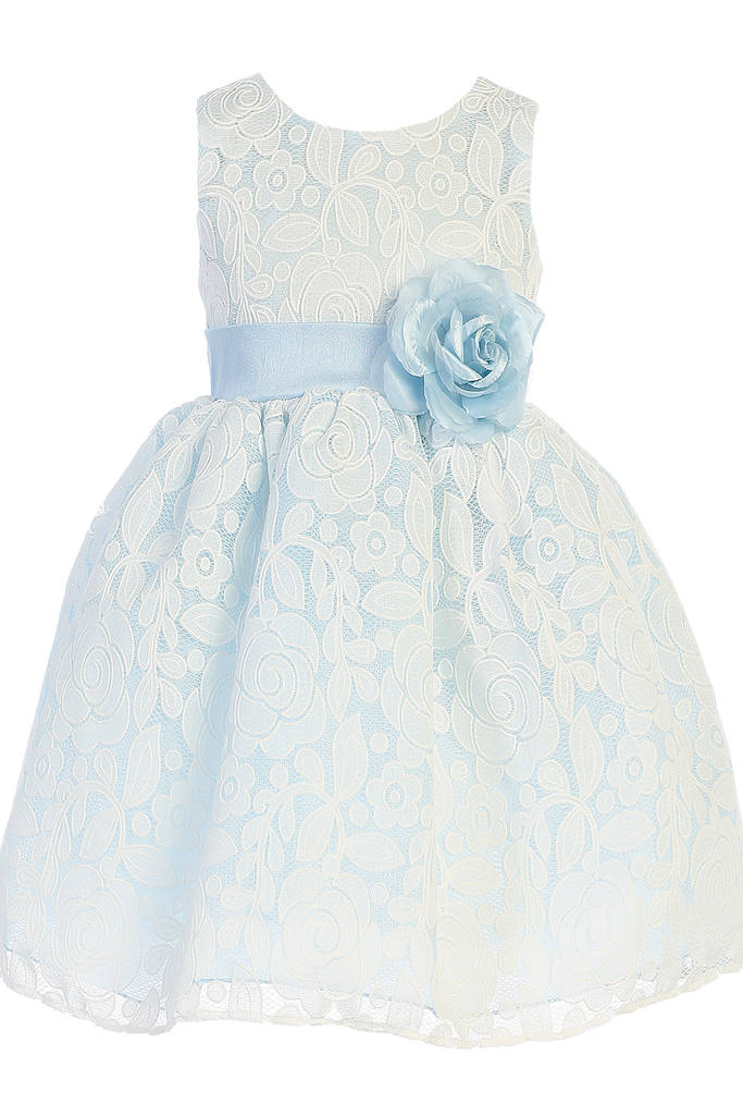 light blue dress with white lace overlay