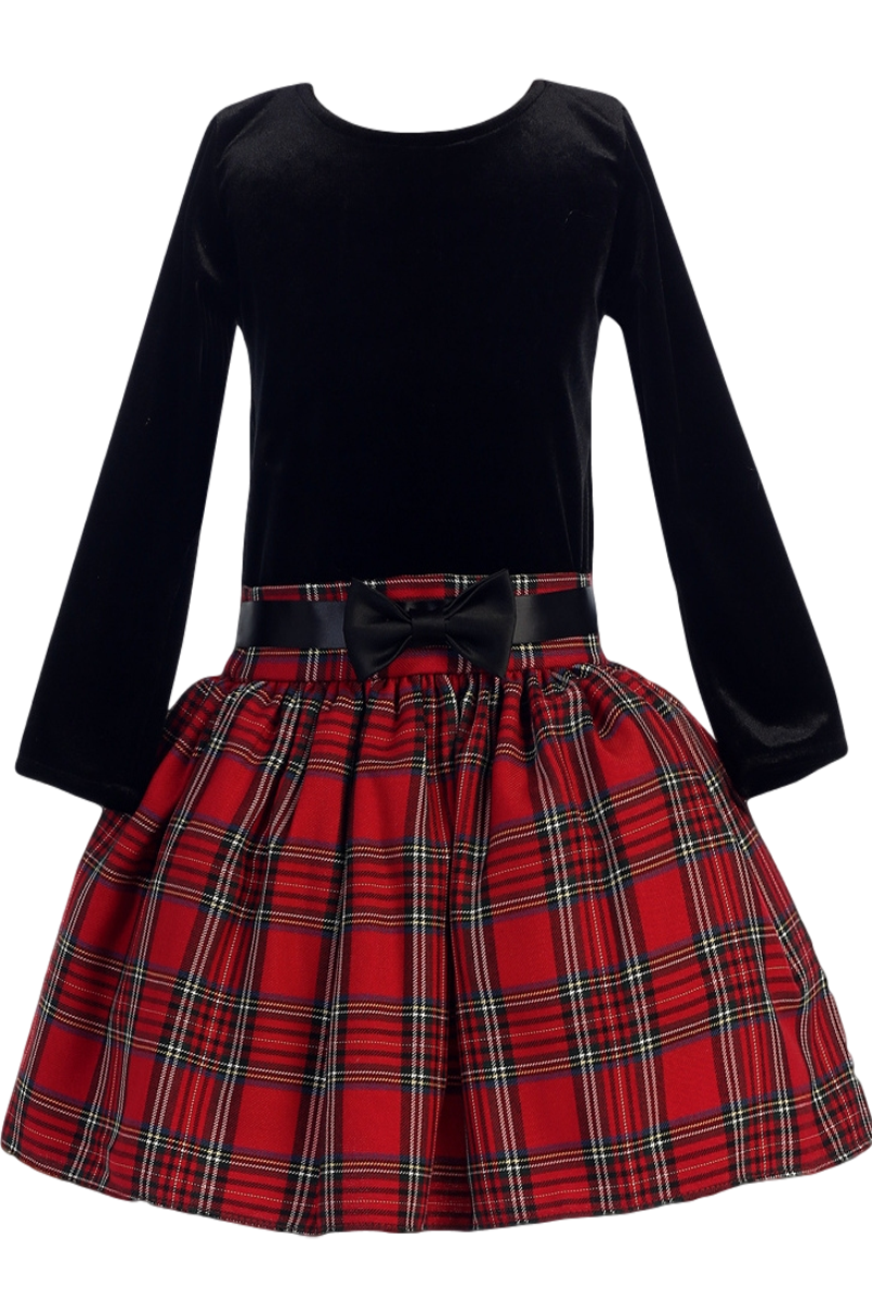 Black & Red Plaid Girls Drop Waist Velvet Holiday Dress 2T-10 – Rachel ...