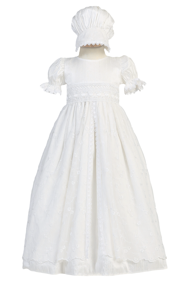 Silk Christening Gown w. Embroidered Tulle & Lace Trim Girls 0-18M ...