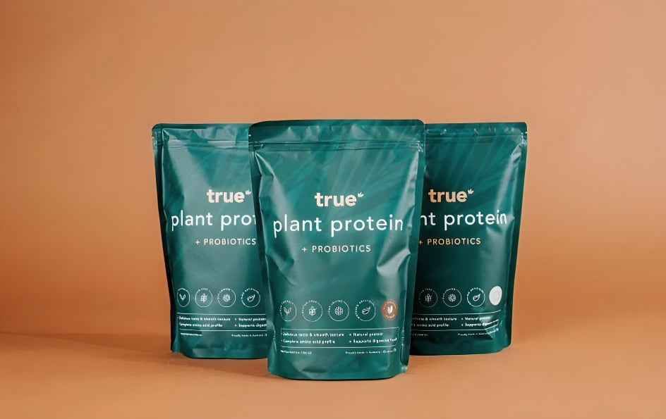 three true protein plant protein on an orange background