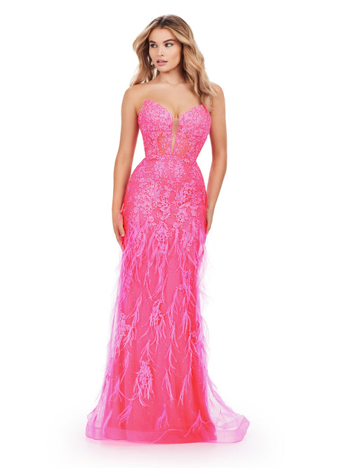 Ashley Lauren 11480 Size 10 Hot Pink Lace Feather A Line Slit Prom