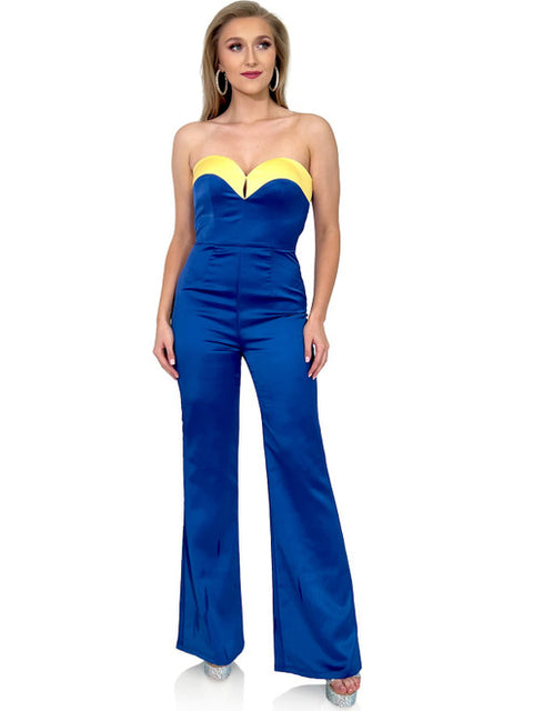 Blue And White Satin Strapless Jumpsuit Formal With Feathers, Beading, And  Side Train Perfect For Special Occasions And Proms From Queenshoebox,  $139.9