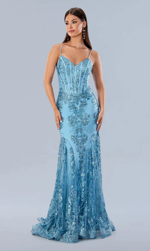 vigocouture Shimmering Light Blue Sequin Mermaid Prom Dress with Spaghetti Strap and Corset Back 22229 Black / US4