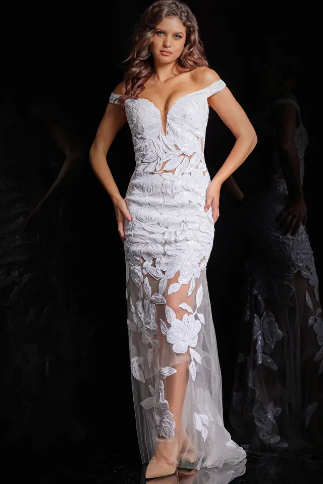 Jovani 23368 Long Prom Dress Fitted Off Shoulder Corset High Slit Form –  Glass Slipper Formals