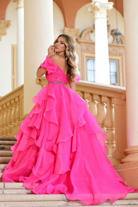 Ava Presley 28571 Long Ruffle Ballgown Off the Shoulder Puff Sleeve Pa –  Glass Slipper Formals