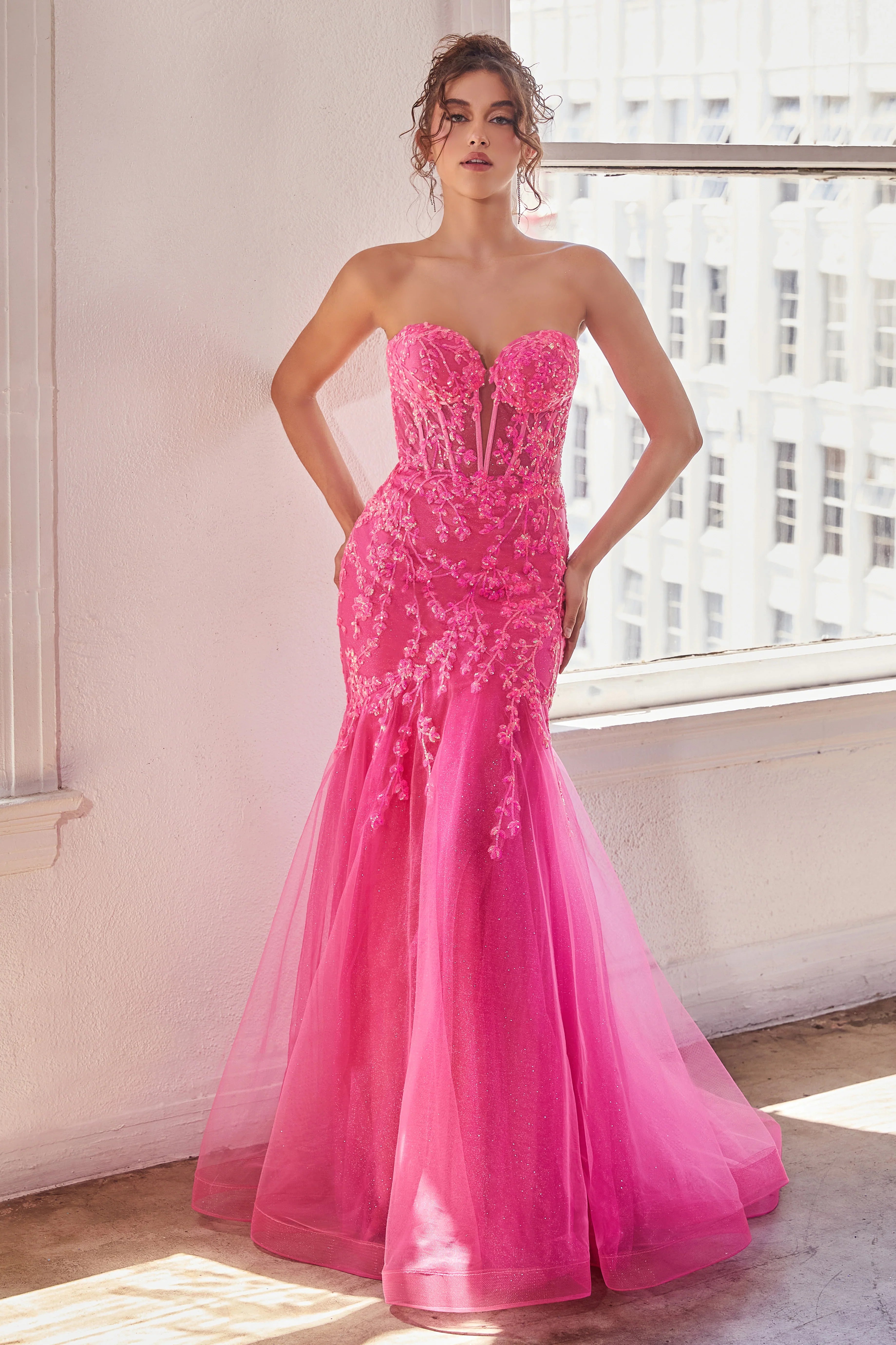 Long Sequin-Pattern Prom Dress with Sheer Corset