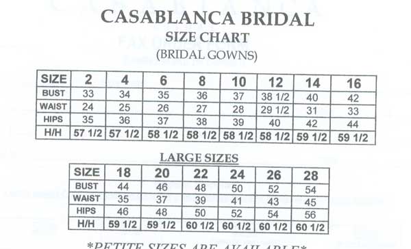 Casablanca Bridal Size Charts Glass Slipper Formals