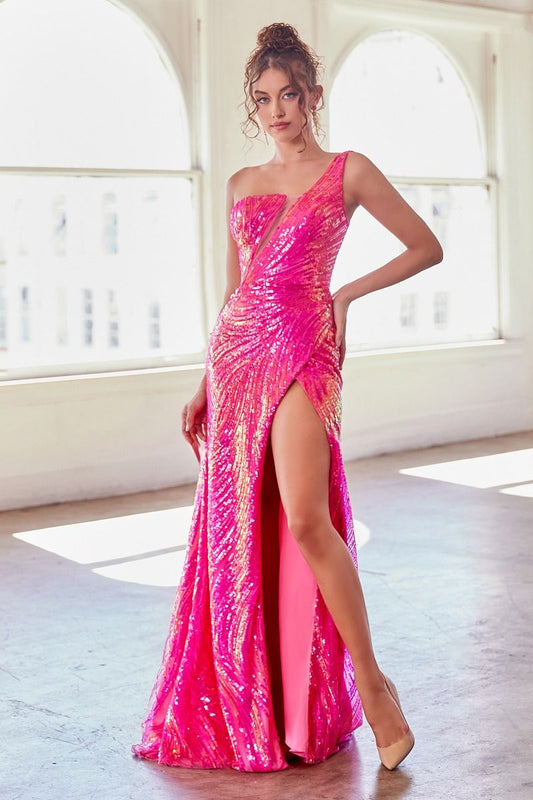 Sequined Long Fitted Dress with Volute Padded Bra Pink