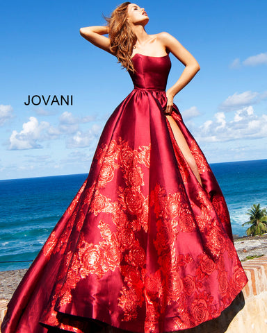 red floral ball gown