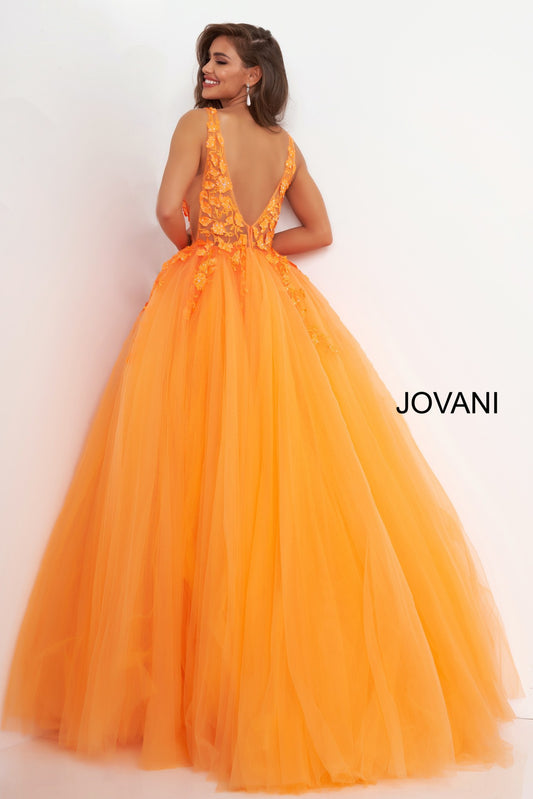 Jovani 02840 Sheer Floral Applique V Neck Ballgown Prom Dress