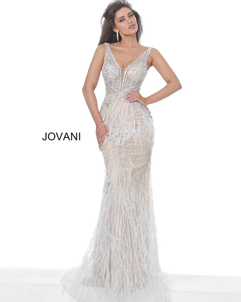 Jovani 02798 Sheer Feather Mermaid Embellished Formal Evening Gown Cou –  Glass Slipper Formals