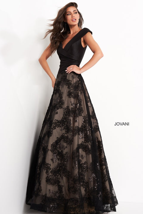 Jovani 02920  Black Gold Lace V Neck Evening Gown