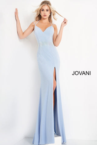 Jovani 06209 long embellished jersey high slit prom dress backless v n