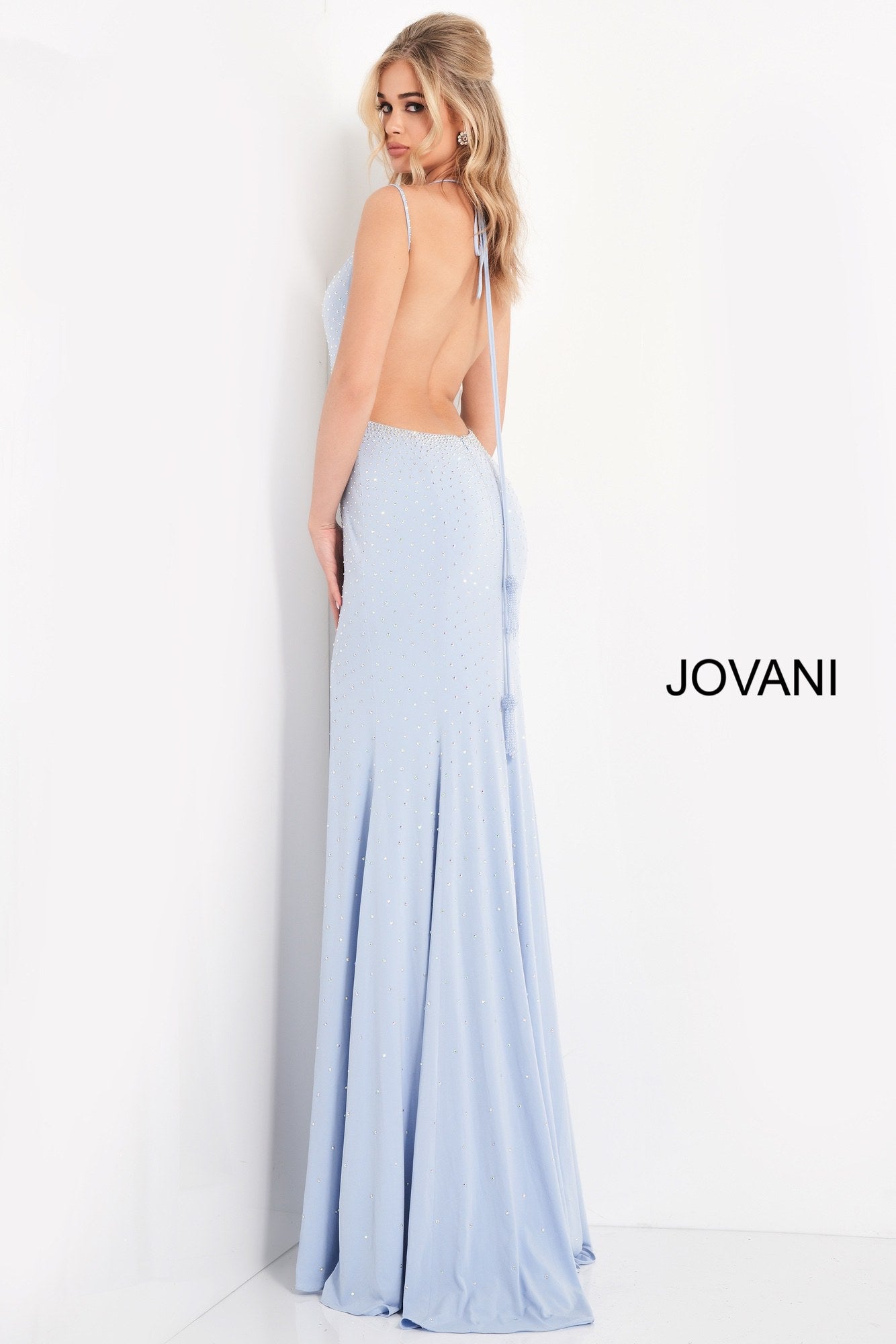 Jovani 06209 long embellished jersey high slit prom dress backless v n