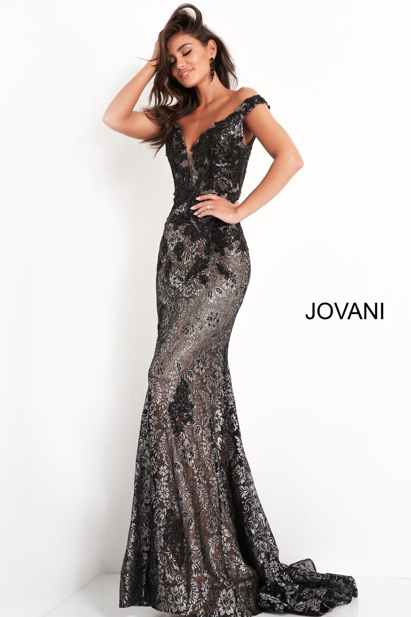 Jovani 06437 Long Fitted Metallic Lace Prom Dress Mermaid off the shou ...