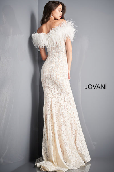 Jovani 06451 Long Fitted Embellished Lace Feather off the shoulder For ...